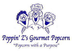 Drawing of three people with arms around each other. Poppin' Z's Gourmet Popcorn company title